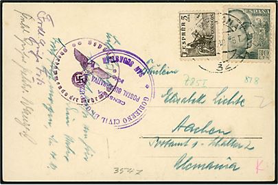 5 cts. Rytter og 40 cts. Franco på brevkort fra Pamplona d. 7.10.1940 til Aachen, Tyskland. Lokal spansk censur fra San Sebastian og tysk censur.