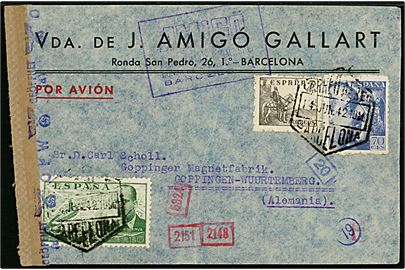 5 cts. Rytter, 70 cts. Franco og 2 pts. Luftpost på luftpostbrev fra Barcelona d. 14.6.1942 til Göppingen, Tyskland. Både spansk og tysk censur.