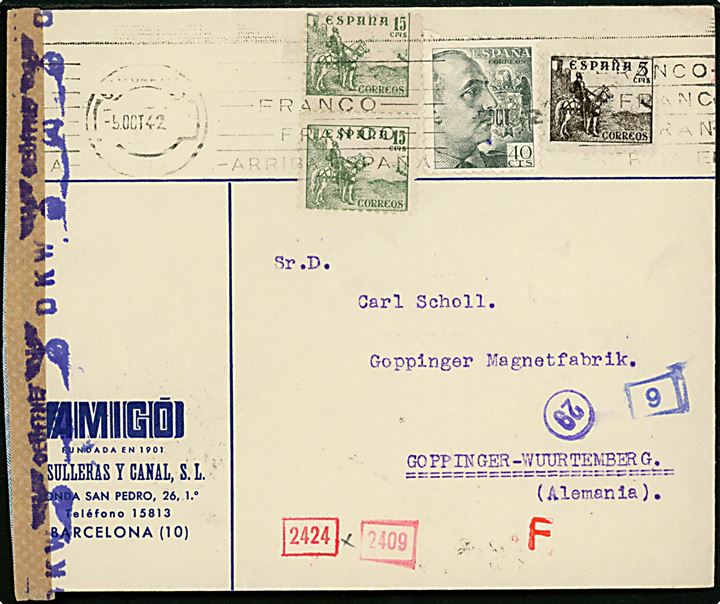 5 cts., 15 cts. (par) Rytter og 40 cts. Franco på brev fra Barcelona d. 5.10.1942 til Göppingen, Tyskland. Både spansk og tysk censur.