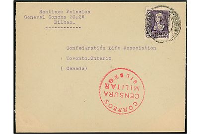 40 cts. Isabel single på brev fra Bilbao med svagt stempel til Toronto, Canada. Lokal spansk censur fra Bilbao.