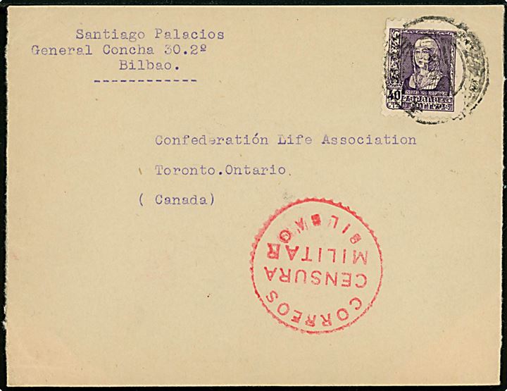 40 cts. Isabel single på brev fra Bilbao med svagt stempel til Toronto, Canada. Lokal spansk censur fra Bilbao.