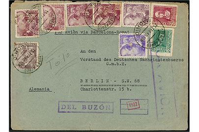 1,90 pta. blandingsfrankeret luftpostbrev mærket via Barcelona - Roma fra Madrid d. 15.2.1940 til Berlin, Tyskland. Spansk og tysk censur.