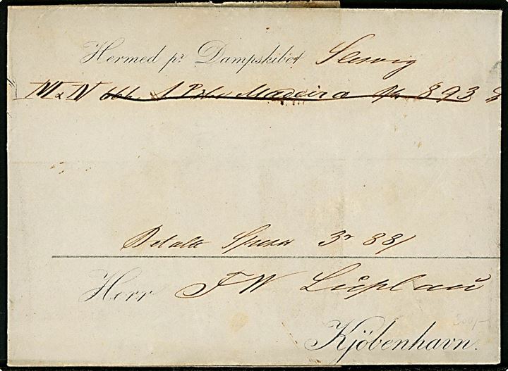 1855. Pakkefølgebrev for gods sendt med dampskibet Slesvig fra Kiel d. 23.6.1855 til Kjøbenhavn.