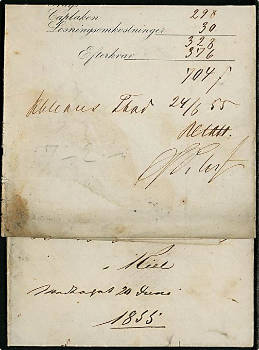 1855. Pakkefølgebrev for gods sendt med dampskibet Slesvig fra Kiel d. 23.6.1855 til Kjøbenhavn.