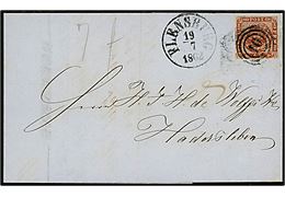4 sk. 1858 udg. på brev annulleret med nr.stempel 10 og sidestemplet antiqua Flensburg d. 19.7.1862 til Haderslev.