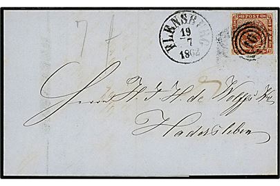 4 sk. 1858 udg. på brev annulleret med nr.stempel 10 og sidestemplet antiqua Flensburg d. 19.7.1862 til Haderslev.