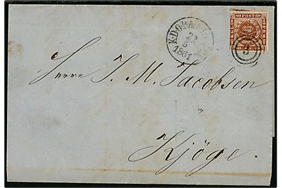 4 sk. 1858 udg. på brev annulleret med nr.stempel 3 og sidestemplat antiqua K.D.O.P.A. Lübeck d. 22.5.1861 til Kjøge. 