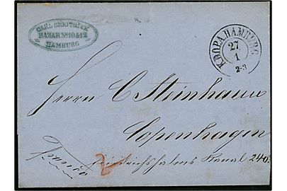Francobrev med antiqua K.D.O.P.A. Hamburg d. 27.1.18xx til København. Påskrevet 2 sk. med rødkridt. 