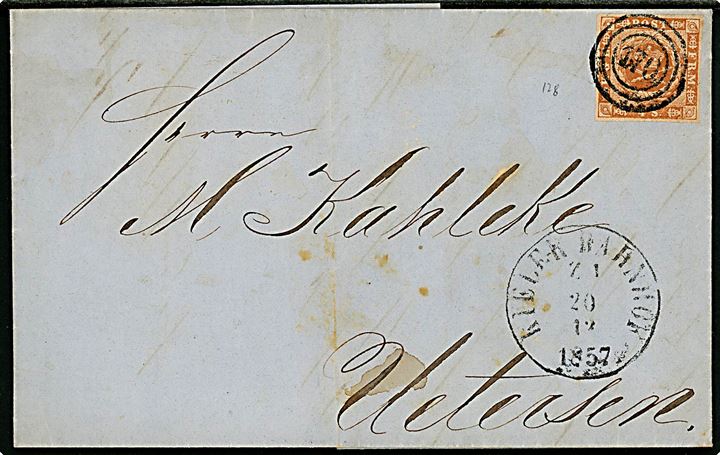 4 sk. 1854 udg. på brev annulleret med nr.stempel 170 og sidestemplet antiqua Kieler Bahnhof Z.1 d. 20.12.1857 til Uetersen.