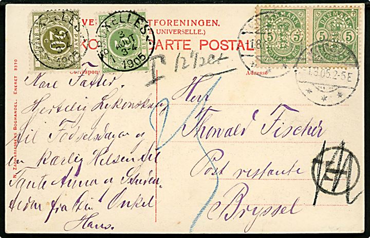 5 øre Våben i parstykke med perfin T.R.S. (= T. Rasmussen & Sønner) på brevkort fra Korsør d. 1.8.1905 til poste restante i Bruxelles, Belgien. Udtakseret i belgisk porto med 5 c. og 20 c. Portomærker stemplet Bruxelles d. 3.8.1905.