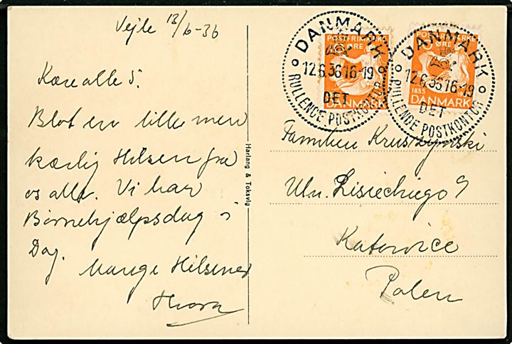 10 øre H. C. Andersen (2) på brevkort (Reklame for Postpakker) annulleret med særstempel Danmark * Det rullende Postkontor * d. 12.6.1936 til Katovice, Polen. Det rullende postkontor var d. 12.6.1936 opstillet i Vejle i forbindelse med Børnehjælpsdagen. Usædvanlig anvendelse til udlandet.