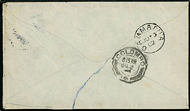 10 öre Oscar II i parstykke på brev fra Stockholm d. 14.5.1902 via Colombo til Dryburgh, Gammadura, Ceylon. På bagsiden ank.stemplet Gammadua d. 3.6.1902. Usædvanlig destination, rift på bagsiden. 