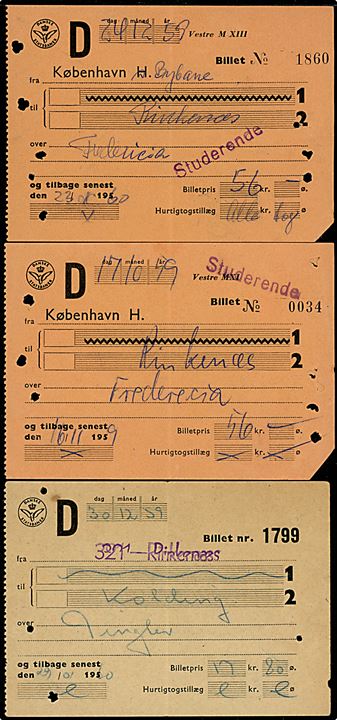 Togbilletter. Danske Statsbaner. København - Rinkenæs (2) mærket Studerende 1959-60, samt Rinkenæs til Kolding 1960. 