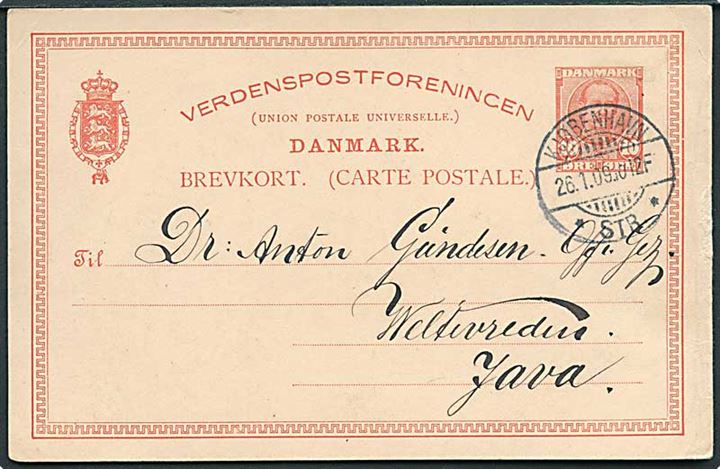 10 øre Fr. VIII helsagsbrevkort fra Kjøbenhavn d. 26.1.1909 til dansk militærlæge i hollandsk kolonitjeneste i Weltevreden, Java, Hollandsk Ostindien.