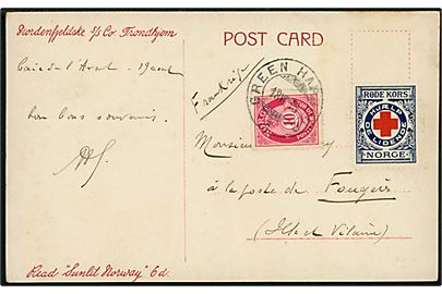 10 øre Posthorn og Røde Kors mærke på brevkort (Spitzbergen, Fjeldparti) annulleret Green Harbour d. 18.8.1913 til Fougers, Frankrig. 
