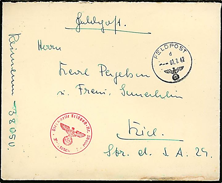 Ufrankeret feltpostbrev stemplet Feldpost d d. 1.7.1942 til Kiel, Tyskland. Rødt briefstempel Feldpost Nr. 38050 =  Marine-Befehlshaber Dänemark i København.