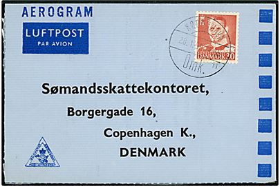 30 øre Fr. IX på fortrykt sømandsskatte aerogram sendt fra maskinassistent ombord på M/T Shetland annulleret København d. 28.1.1959 til Sømandsskattekontoret i København.