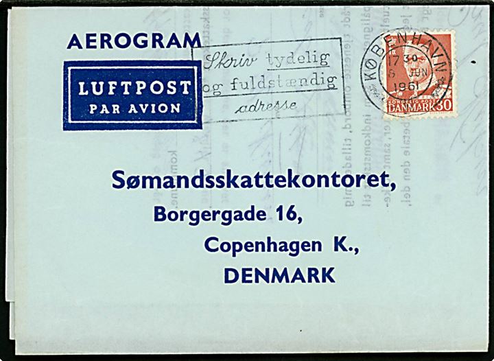 30 øre Fr. IX på sømandsskatte aerogram med liniestempel M/S Prinsesse Margrethe stemplet København d. 6.6.1961 til København.