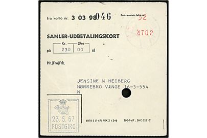 Samler-Udbetalingskort - formular 6010 S (1-67) med rammestempel POSTGIRO d. 23.5.1967.