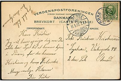 5 øre Fr. VIII på brevkort (Odense, Kongensgade) annulleret med stjernestempel NØRRE BROBY og sidestemplet med bureaustempel Odense - Faaborg T.47 d. 16.5.1907 til Odense.