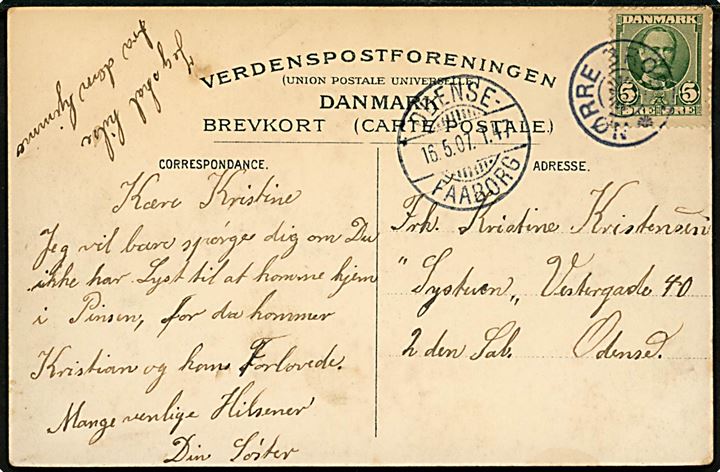 5 øre Fr. VIII på brevkort (Odense, Kongensgade) annulleret med stjernestempel NØRRE BROBY og sidestemplet med bureaustempel Odense - Faaborg T.47 d. 16.5.1907 til Odense.
