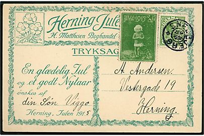 5 øre Chr. X og Julemærke 1915 på julekort annulleret med stjernestempel SNEJBJERG til Herning.