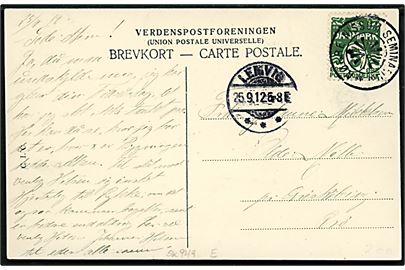 5 øre Bølgelinie på brevkort (Nr. Nissum kirke, missionshus og seminarium) annulleret med stjernestempel NØRRE NISSUM SEMINARIUM og sidestemplet Lemvig d. 25.9.1912 til Ærøskøbing.