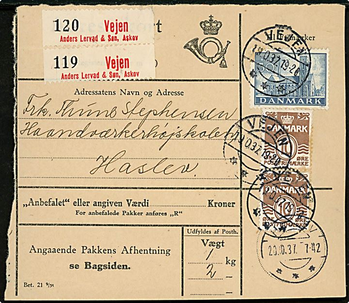 10 øre Bølgelinie (par) og 30 øre Ribe Domkirke på adressekort for selvregistreret pakke fra Anders Lervad & Søn i Askov annulleret Vejen d. 19.10.1937 til Haslev.