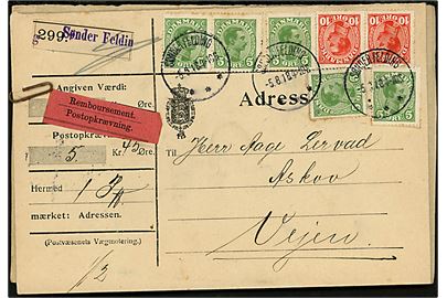 5 øre (5) og 10 øre (2) Chr. X på adressebrev for pakke med postopkrævning annulleret med brotype IIIb Sønder Felding d. 5.8.1918 til Askov pr. Vejen. Blanko-pakkeetiket med violet liniestempel Sønder Felding.