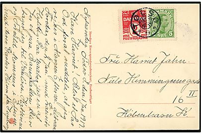 2 øre Bølgelinie og 5 øre Chr. X på brevkort dateret d. 1.1.1919 annulleret med stjernestempel TØDSØ til København.