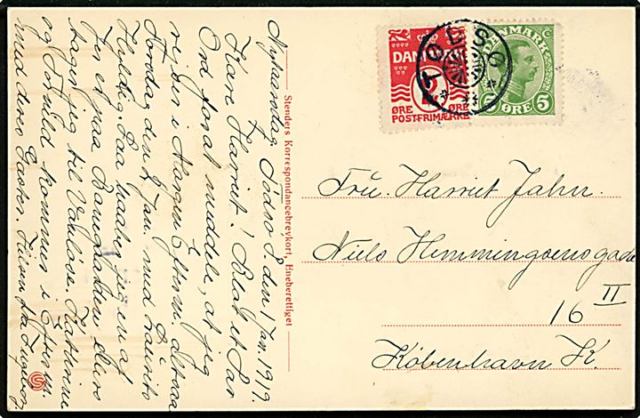 2 øre Bølgelinie og 5 øre Chr. X på brevkort dateret d. 1.1.1919 annulleret med stjernestempel TØDSØ til København.