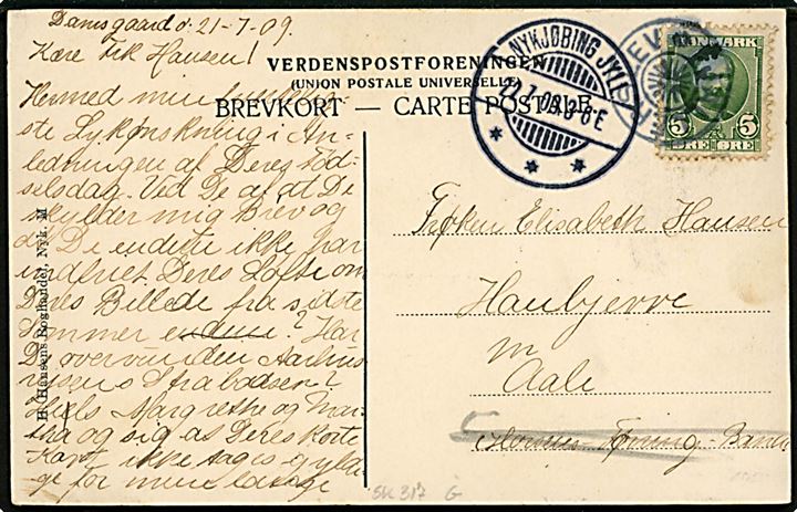 5 øre Fr. VIII på brevkort (Ø. Jølby) annulleret med stjernestempel FJALLERSLEV og sidestemplet Nykjøbing Jyll. d. 22.7.1909 til Aale. 