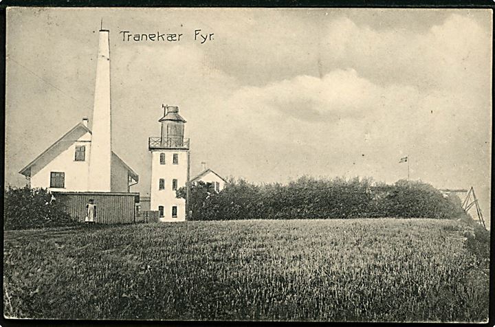 5 øre Fr. VIII på brevkort (Tranekær Fyr) annulleret med stjernestempel SIMMERBØLLE og sidestemplet Rudkjøbing d. 25.1.1908 til Aarhus.