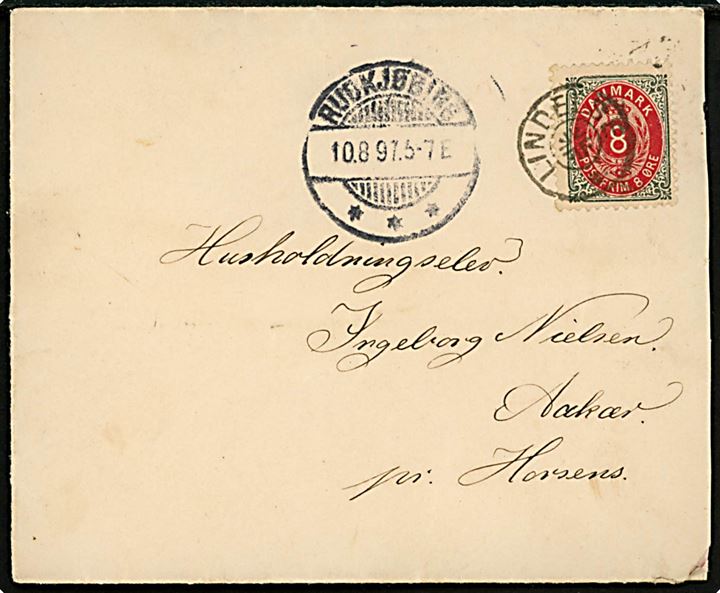 8 øre Tofarvet omv. rm. på brev annulleret med stjernestempel LINDELSE og sidestemplet Rudkjøbing d. 10.8.1897 til Aakær pr. Horsens. 