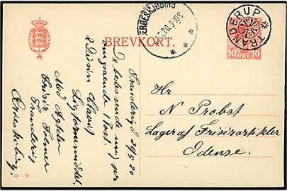 10 øre Chr. X helsagsbrevkort (fabr. 55-H) annulleret med stjernestempel TRANDERUP og sidestemplet Ærøeskjøbing d. 21.5.1920 til Odense. 