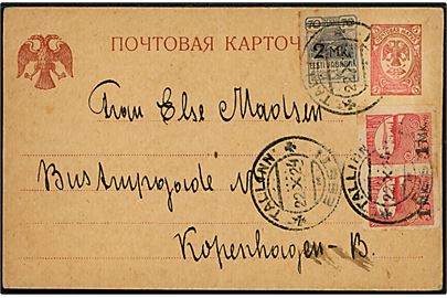 Russisk 5 kop. helsagsbrevkort benyttet som brevkort frankeret 1 mk./35 p. (par) og 2 mk./70 p. utakket provisorium fra Tallinn d. 22.10.1924 til København, Danmark.