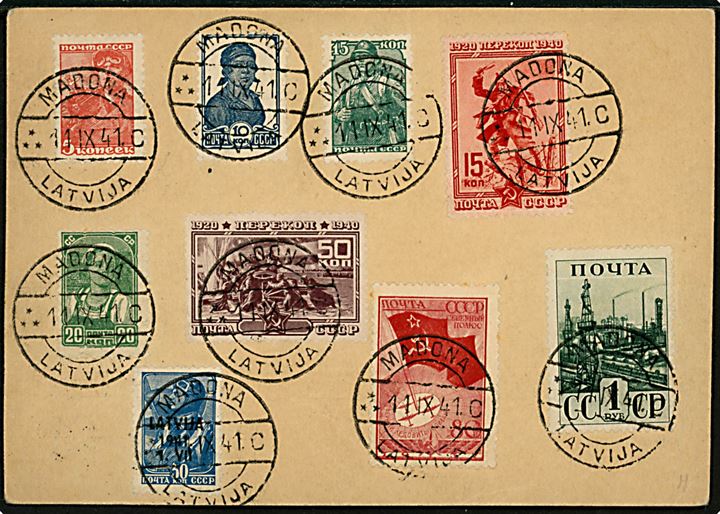 Russisk 20 kop. helsagsbrevkort og forskellige russiske udgaver på for- og bagside annulleret Madona Latvija d. 11.9.1941 til Gelsenkirchen, Tyskland.