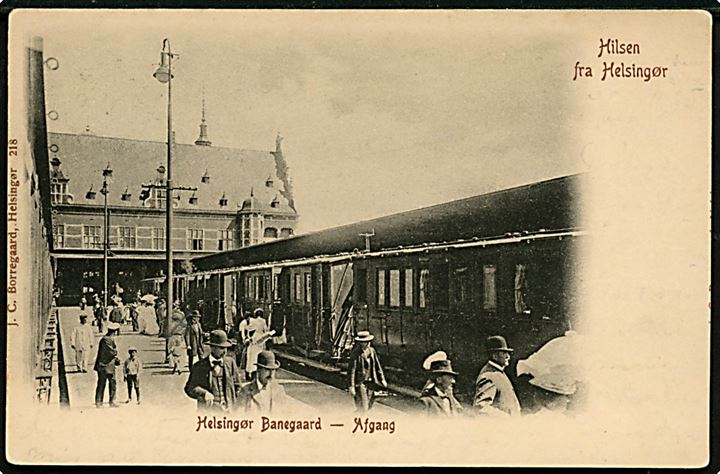 Helsingør, Hilsen fra med jernbanestation og holdende togvogne. J. C. Borregaard no. 218.