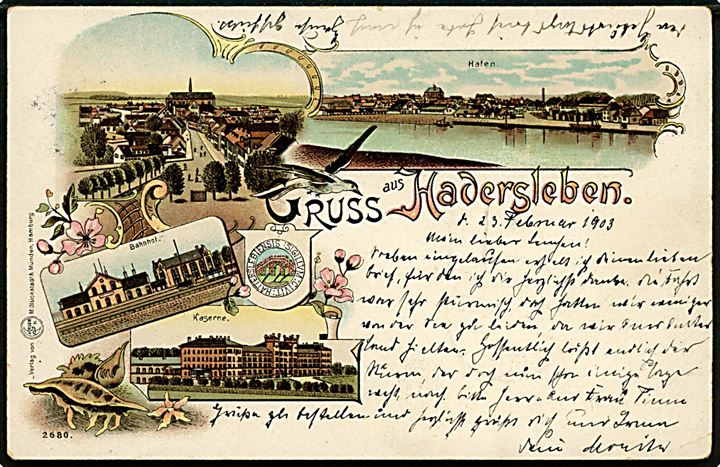 Haderslev, Gruss aus med havn, kaserne, banegård og udsigt. M. Glückstadt & Münden no. 2680.