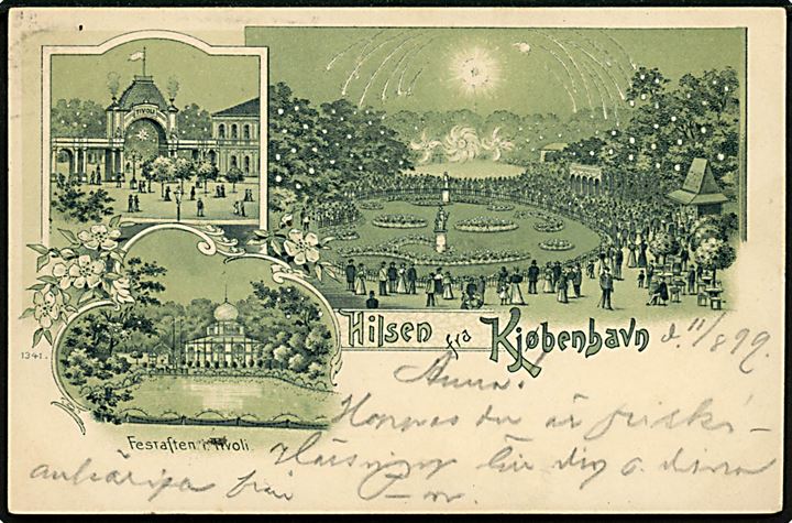 Købh., Hilsen fra Kjøbenhavn med festaften i Tivoli. No. 1341.