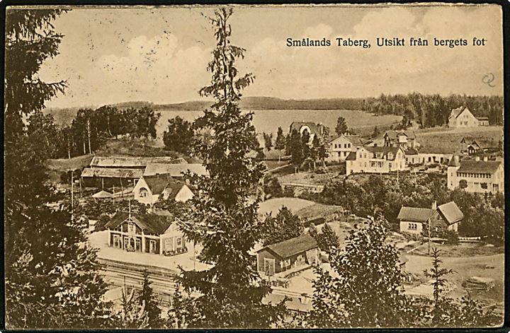 5 öre og 10 öre Løve på brevkort fra Smålands Taberg d. 15.7.1922 til Gilleleje. Retur med 2-sproget returetiket Utilstrækkelig Adresse.