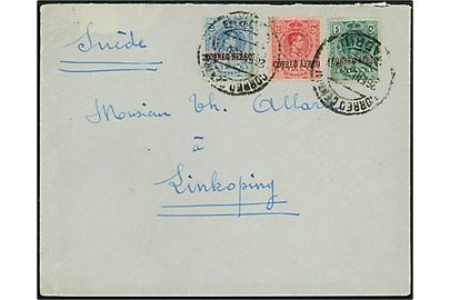 5 c., 10 c. og 25 c. Alfonso XIII Correo Aereo luftpost provisorium på brev fra Madrid d. 26.1.1930 til Linköping, Sverige.