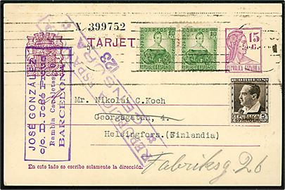 15 cts. helsagsbrevkort opfrankeret med 5 cts. og 10 cts. (par) fra Barcelona d. 5.10.1937 til Helsingfors, Finland. Lokal spansk censur fra Barcelona.