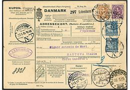 30 øre Karavel (2), 1 kr. og 5 kr. Chr. X på 660 øre frankeret internationalt adressekort for pakke fra København d. 23.5.1935 via Berlin, München, Innsbruck og Bolzano til Mantova, Italien.