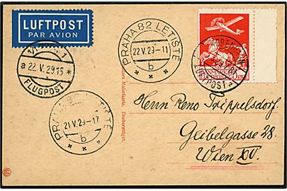 25 øre Luftpost single på luftpost brevkort annulleret København Luftpost sn2 d. 21.5.1929 via Prag til Wien, Østrig.