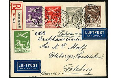 Komplet sæt gl. Luftpost udg. på filatelistisk anbefalet luftpostbrev fra København d. 31.5.1930 til Göteborg, Sverige.