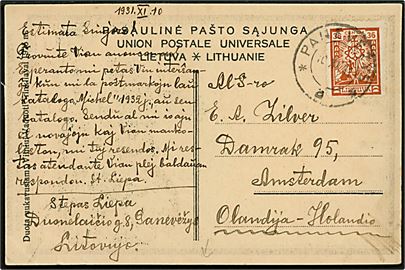 36 c. single på særligt propaganda postkort Vaduokime Vilniu! (= Lad os lede Vilnius!) stemplet Panevezys s. 10.11.1931 til Amsterdam, Holland.