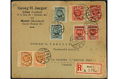 25 mk. (par), 100 mk. (2), 10 mk. / 5 c., 25 mk. / 5 c. og 50 mk. / 25 c. (par) Provisorium på anbefalet brev fra Memel d. 9.3.1923 via Frankfurt til La Guerche, Frankrig.
