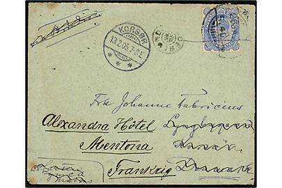 Indisk 2 annas 6 pies på brev fra Madras annulleret med svagt stempel d. 26.1.1905 til Korsør, Danmark - eftersendt til Mentona, Frankrig med stjernestempel BOESLUNDE og sidestemplet Korsør d. 13.2.1905.