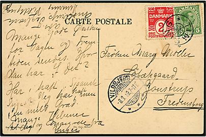2 øre Bølgelinie og 5 øre Chr. X på brevkort annulleret med stjernestempel TIMRING og sidestemplet Vildbjerg d. 8.3.1919 til Jonstrup pr. Fredensborg.